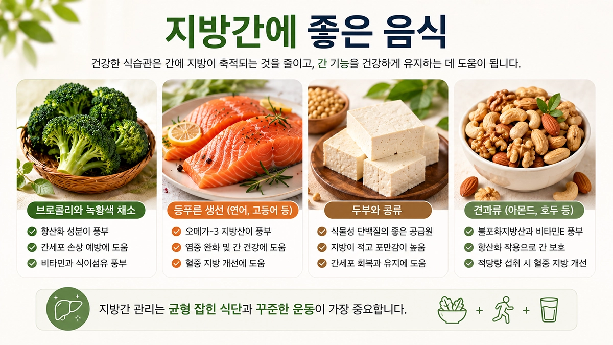 브로콜리 연어 두부 견과류 등 지방간 관리에 도움이 되는 음식