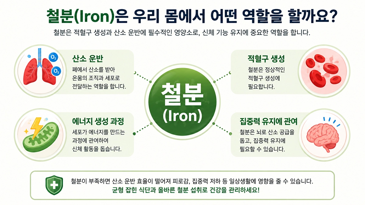 철분의 주요 역할인 산소 운반과 적혈구 생성 인포그래픽