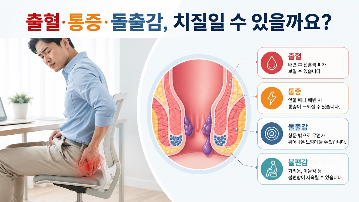 치질 주요 증상 출혈 통증 돌출감 설명 이미지