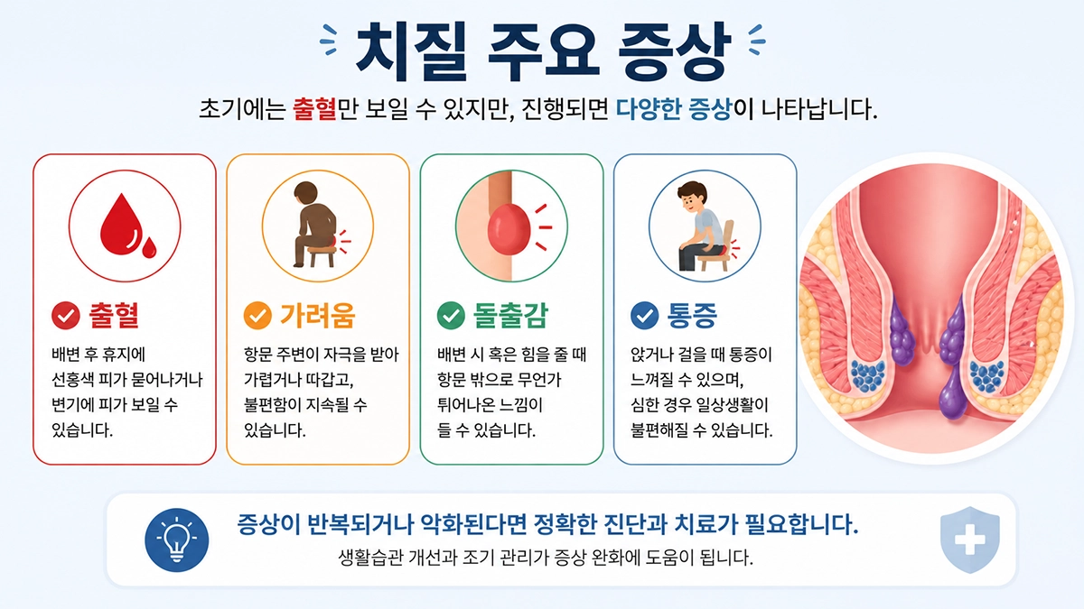 치질 증상 출혈 가려움 돌출감 통증 정리 이미지