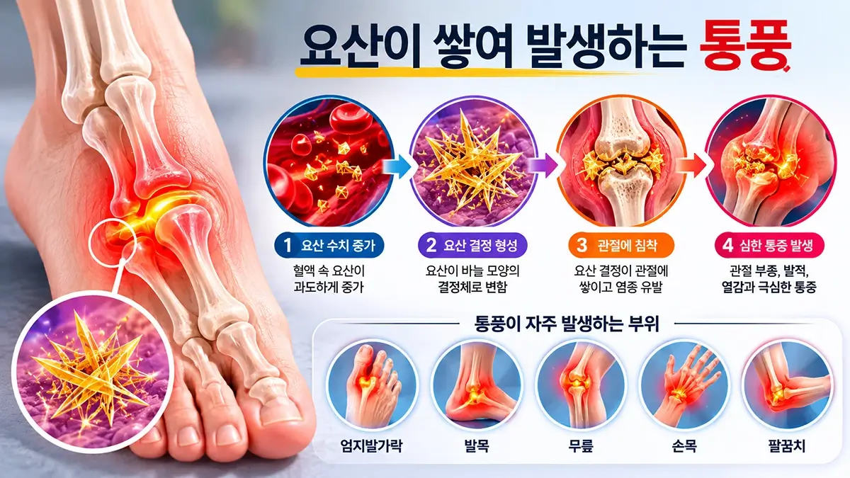 관절에 침착된 요산 결정과 통풍 발생 원리