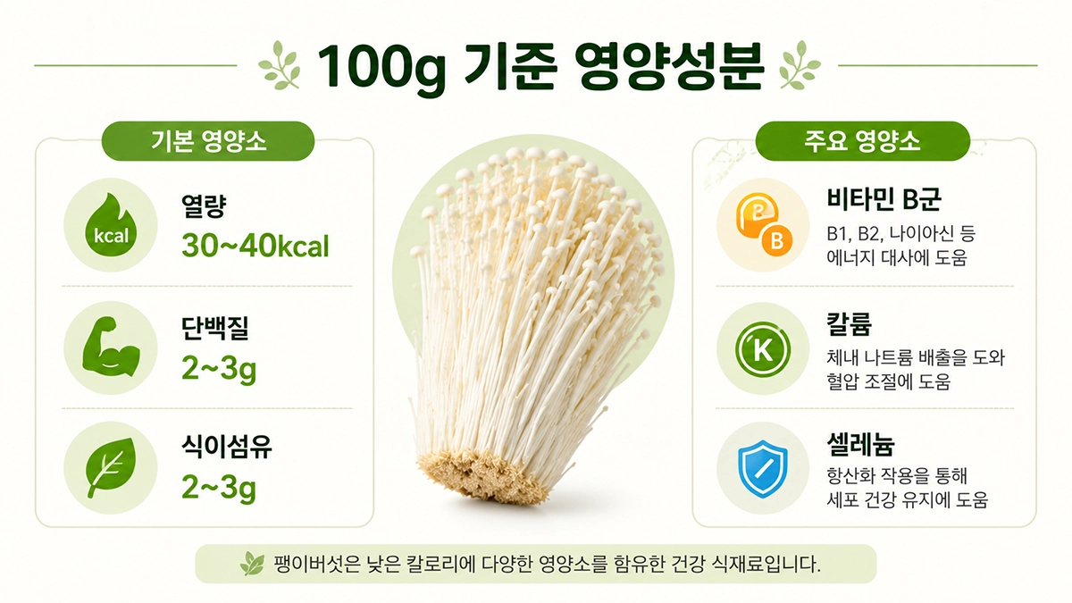 팽이버섯 100g 기준 영양성분 비교 인포그래픽