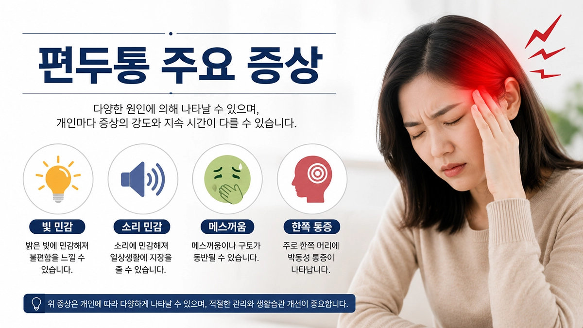 편두통 증상 원인 전조증상과 빛 소리 민감성 설명 이미지