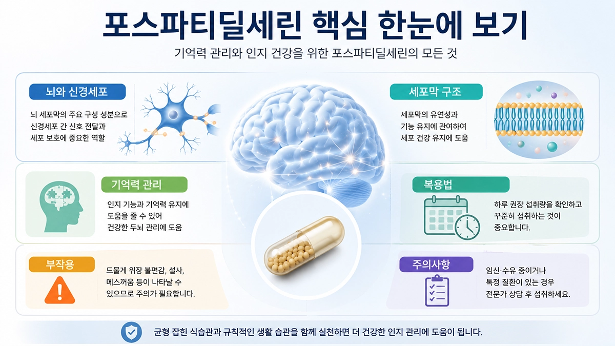 포스파티딜세린의 특징과 기억력 관리, 복용 방법을 소개하는 인포그래픽