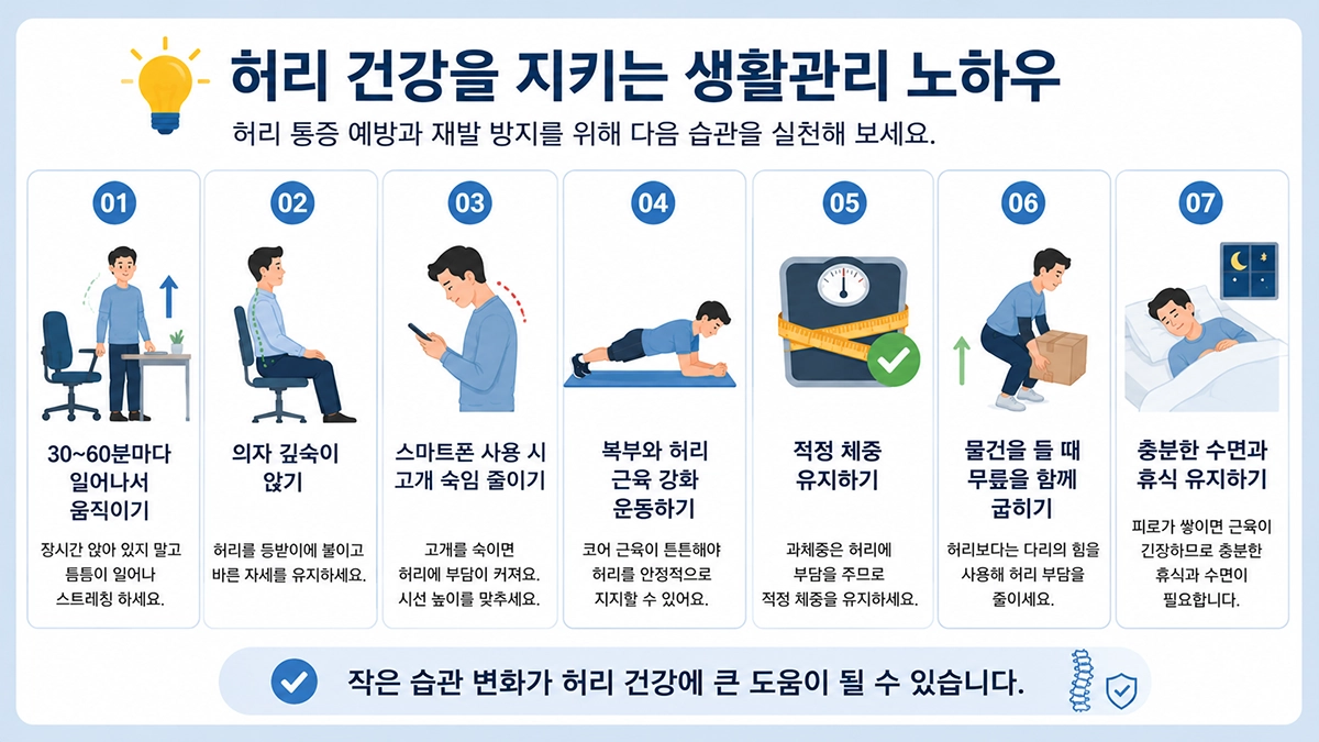 허리 통증 예방과 관리 방법 인포그래픽