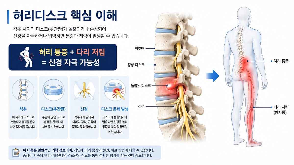 허리디스크 초기증상과 다리 저림이 나타나는 이유를 설명한 척추 구조 이미지