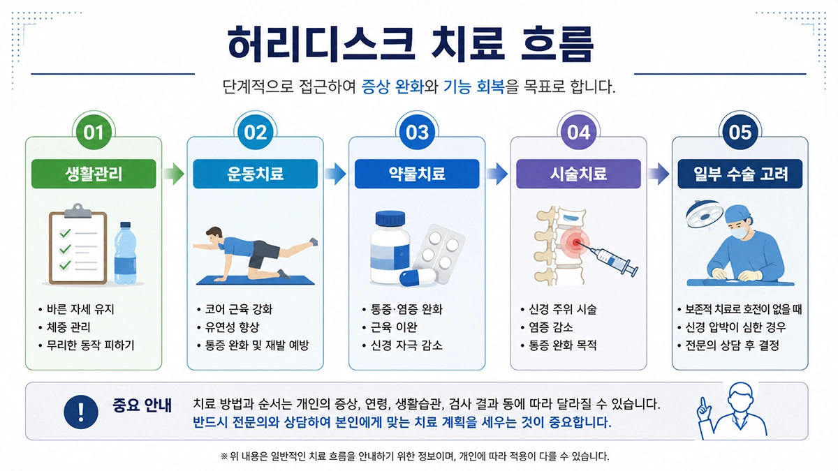 허리디스크 치료 방법을 생활관리 운동치료 약물치료 시술 수술 순서로 정리한 이미지