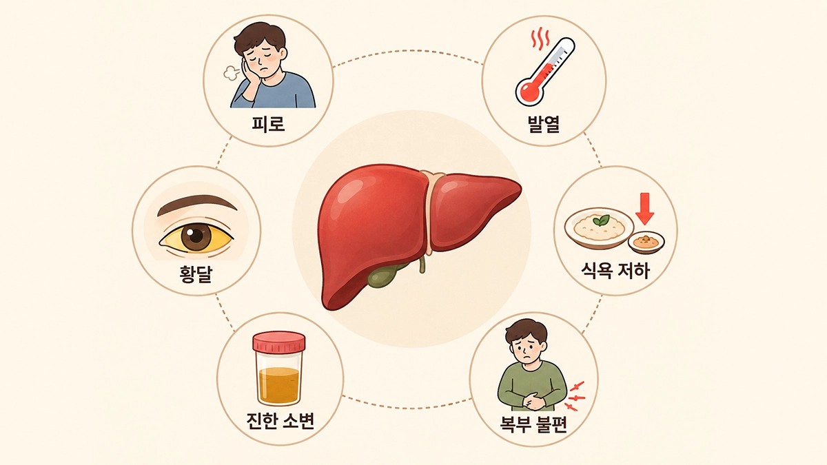 A형 간염 증상인 피로, 발열, 복부 불편, 진한 소변과 황달을 정리한 인포그래픽