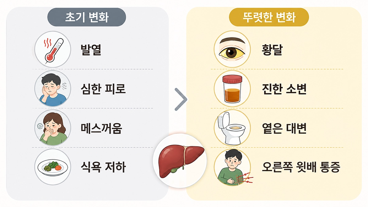 A형 간염 증상을 초기 몸살 증상과 황달·진한 소변 등의 변화로 나누어 비교한 인포그래픽