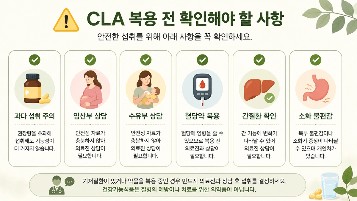 CLA 복용 전 부작용과 주의사항을 확인하는 체크리스트 인포그래픽