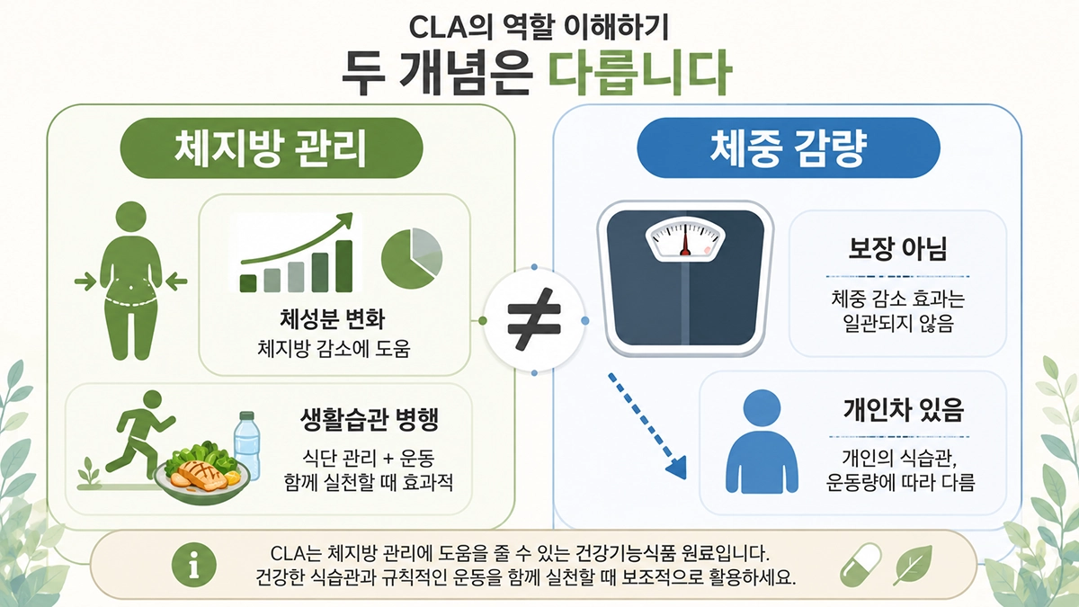 CLA 체지방 관리와 체중 감량의 차이를 비교한 인포그래픽
