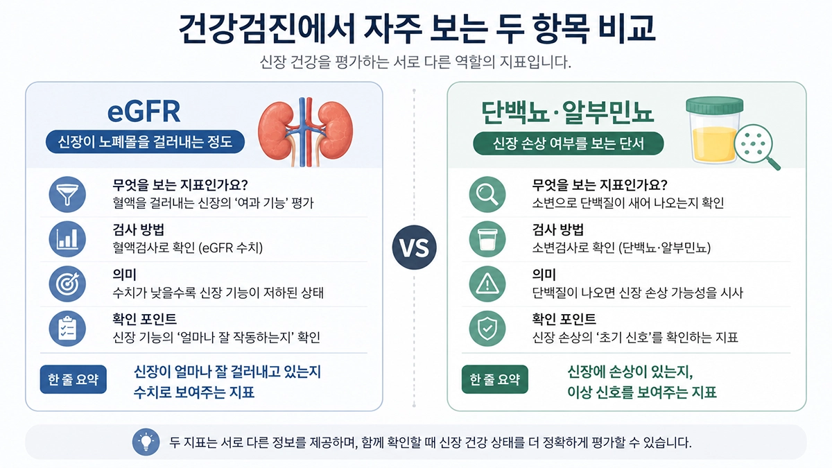 만성콩팥병 증상과 eGFR·단백뇨 검사 비교