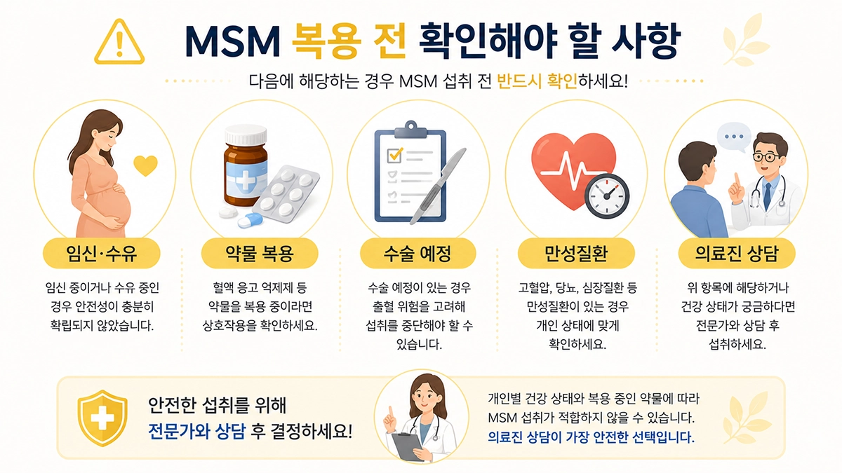MSM 효능을 기대하기 전 확인해야 할 복용 주의사항 인포그래픽