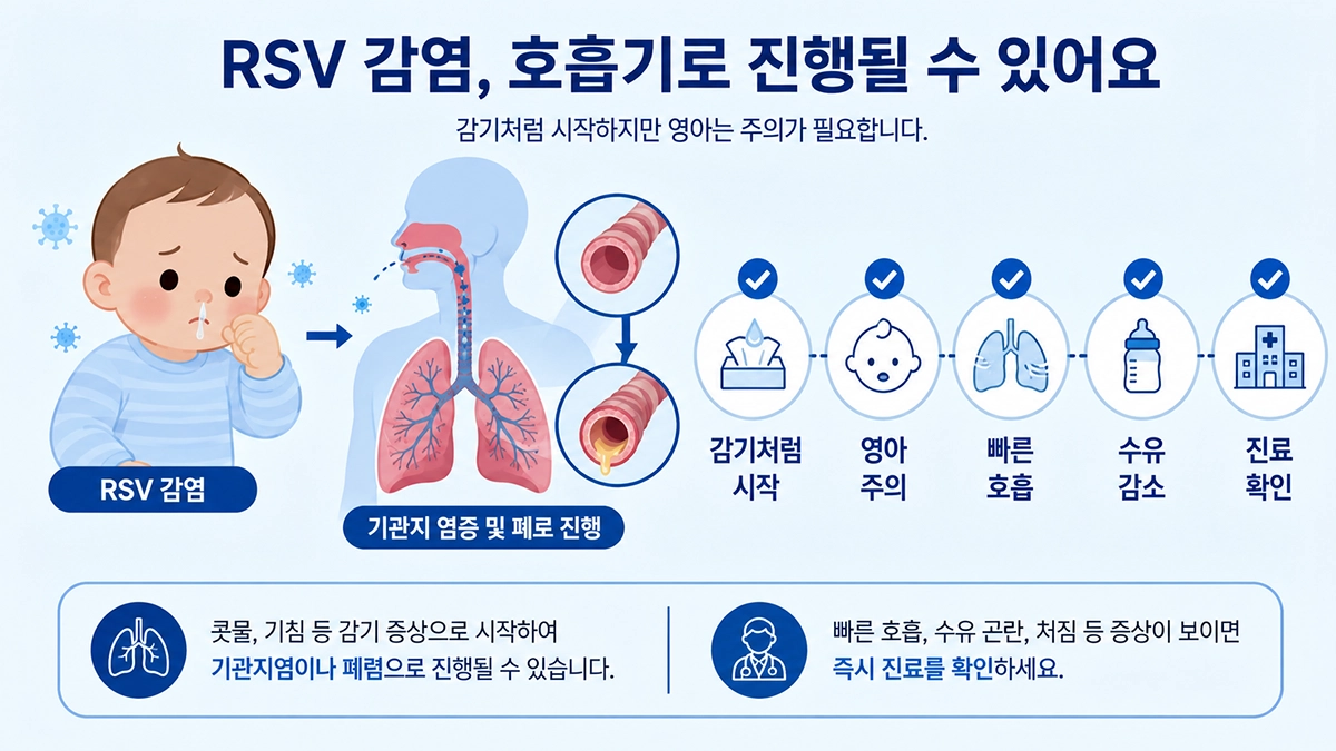 RSV 감염 증상과 아기의 빠른 호흡, 수유 감소를 설명하는 인포그래픽