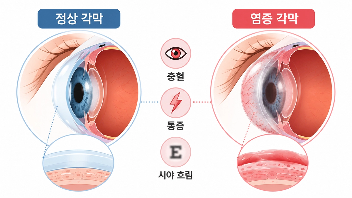 각막염으로 정상 각막과 염증이 생긴 각막의 차이를 보여주는 의료 인포그래픽