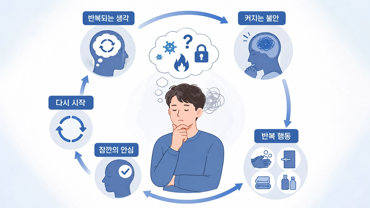 강박장애에서 반복되는 강박사고와 강박행동의 순환을 설명한 인포그래픽