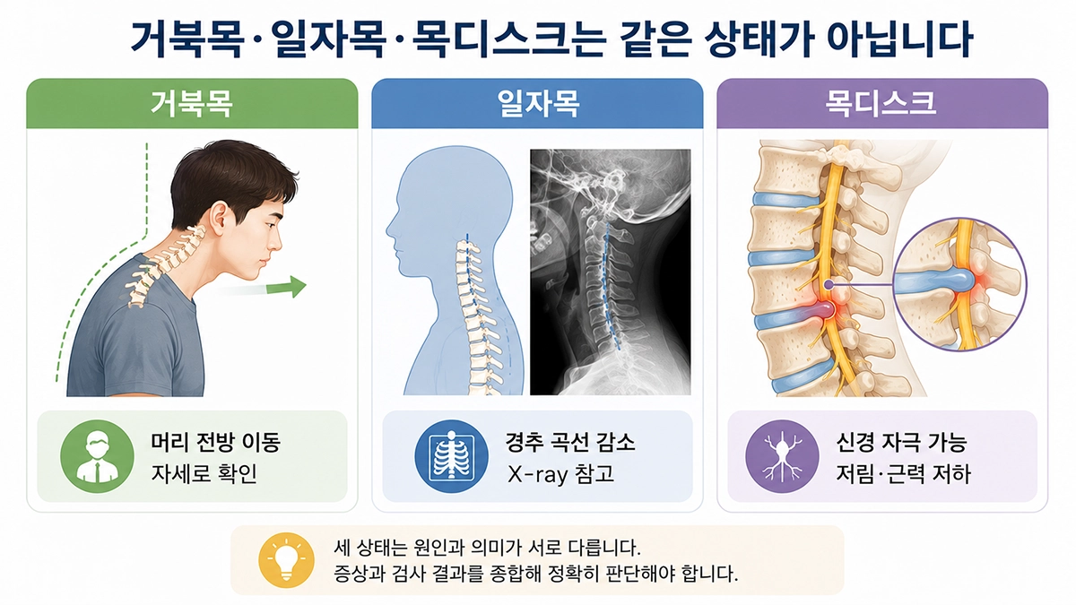 거북목증후군과 일자목, 목디스크의 차이를 비교한 의료 인포그래픽