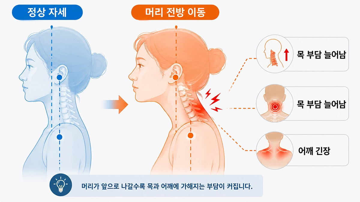 거북목증후군에서 정상 자세와 머리가 앞으로 나온 자세를 비교한 인포그래픽