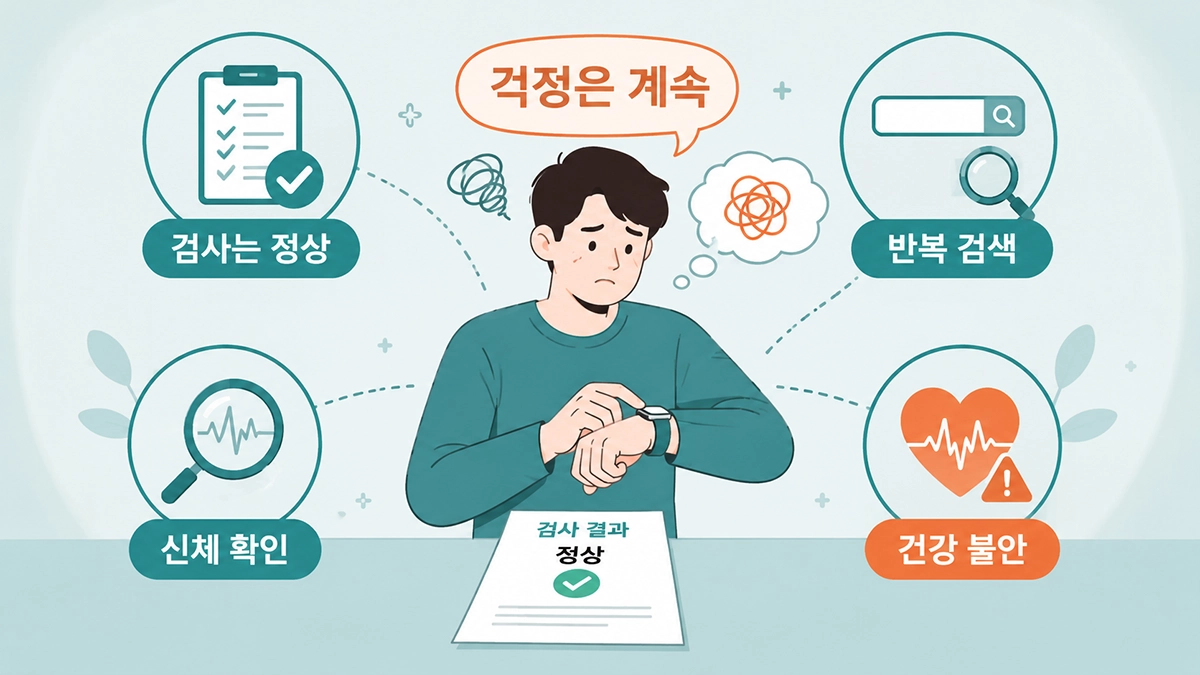 검사 결과가 정상이어도 불안과 신체 확인이 반복되는 건강염려증 특징 인포그래픽