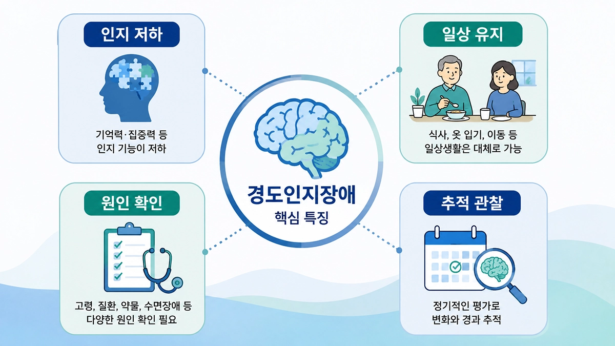 경도인지장애의 특징과 일상생활 유지 여부를 설명하는 인포그래픽