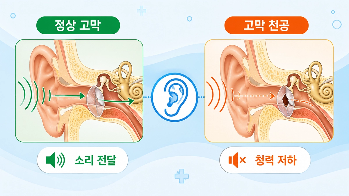 고막 천공으로 정상 고막과 손상된 고막의 차이를 설명하는 귀 구조 인포그래픽