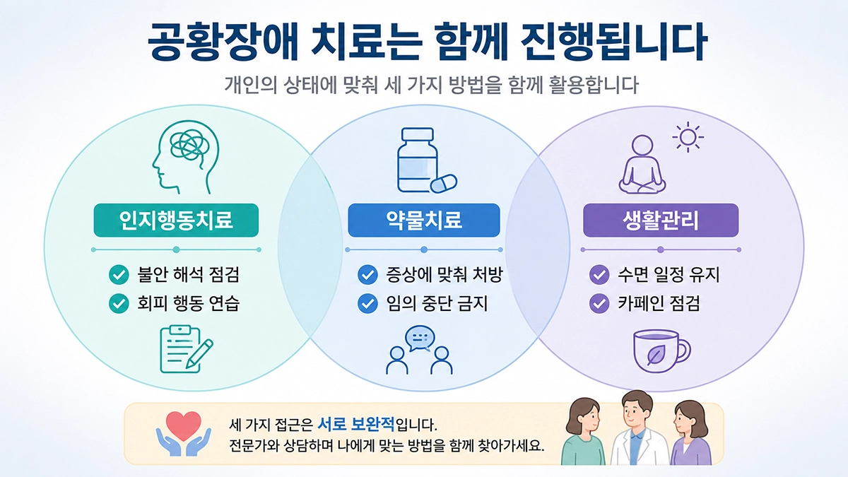 공황장애 증상 치료에 활용되는 인지행동치료와 약물치료, 생활관리 비교 이미지