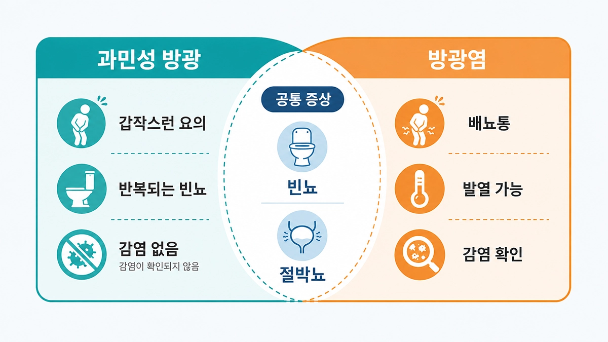 과민성 방광 증상과 방광염의 배뇨통 발열 감염 여부 차이 비교