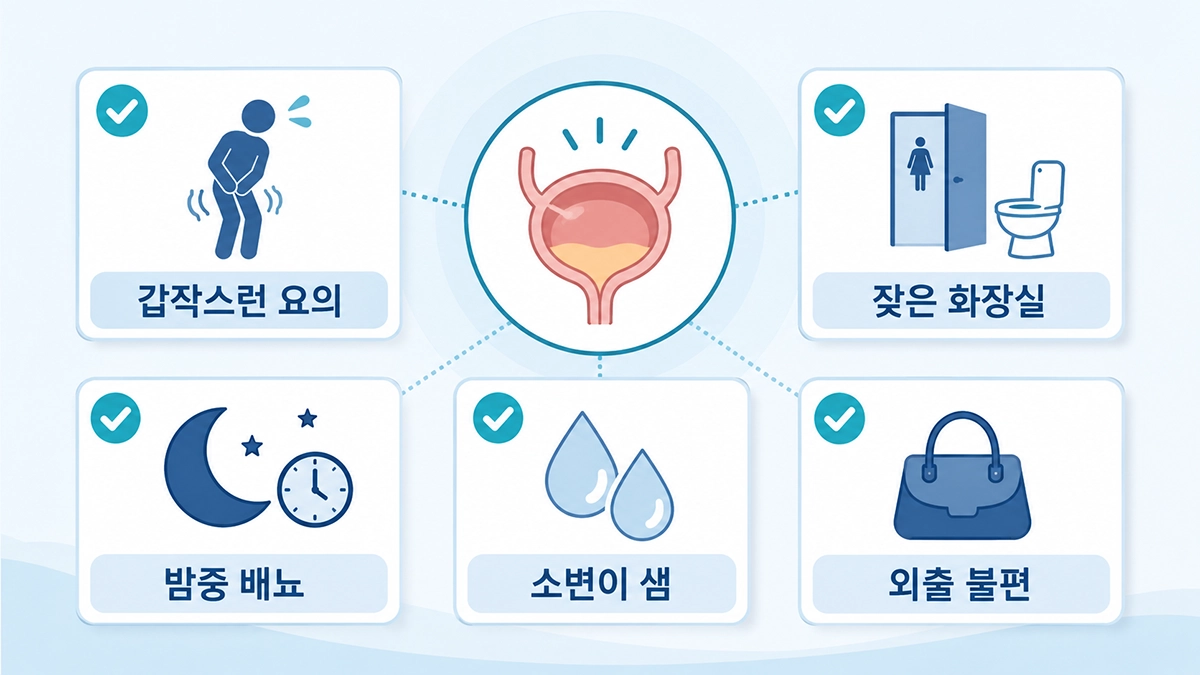 과민성 방광 증상인 절박뇨 빈뇨 야간뇨와 절박성 요실금 체크 항목