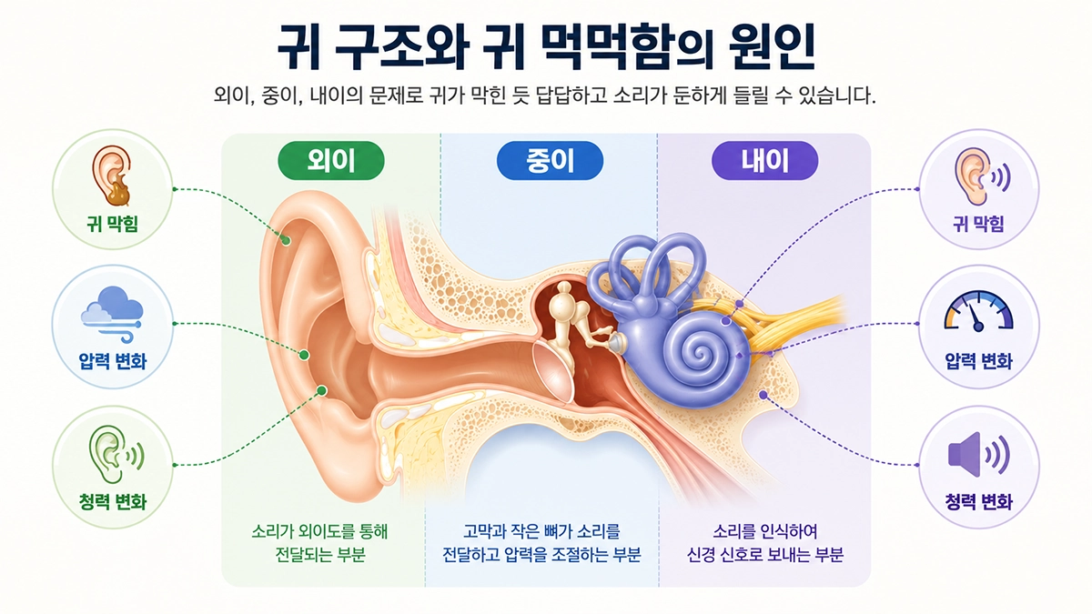 귀 먹먹함이 외이와 중이, 내이의 문제로 나타나는 과정을 보여주는 귀 구조 인포그래픽