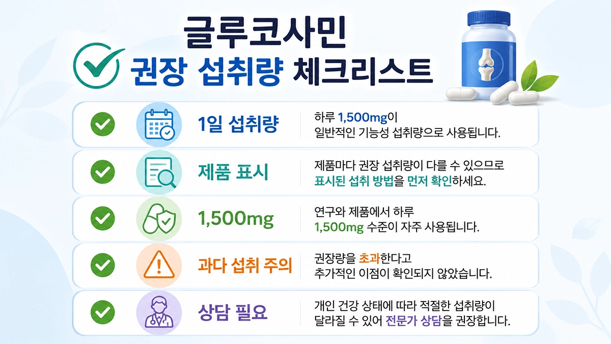 글루코사민 권장 섭취량과 제품 표시사항 확인법을 정리한 체크리스트