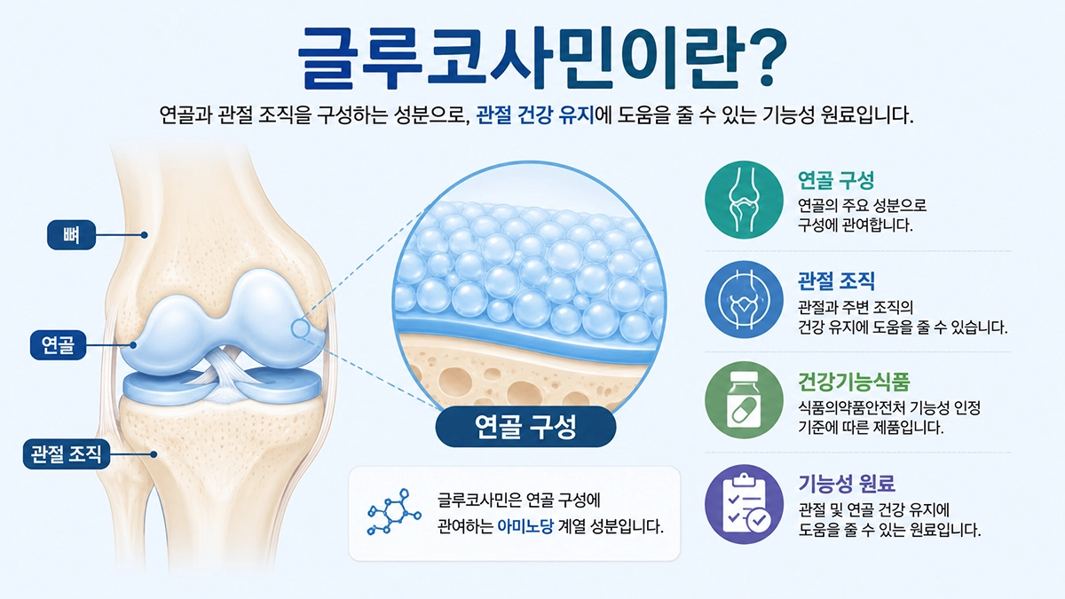 글루코사민이 연골과 관절 조직 구성에 관여하는 성분임을 설명한 이미지