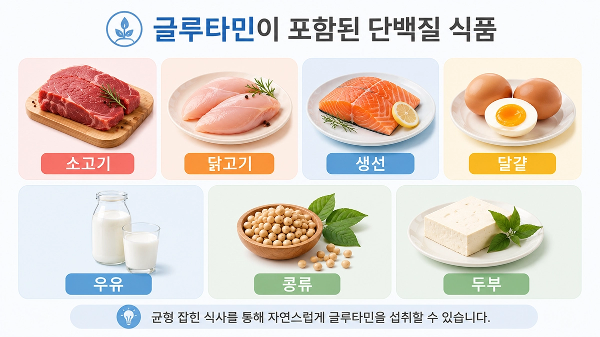 글루타민이 들어 있는 단백질 식품과 콩류, 두부를 정리한 이미지