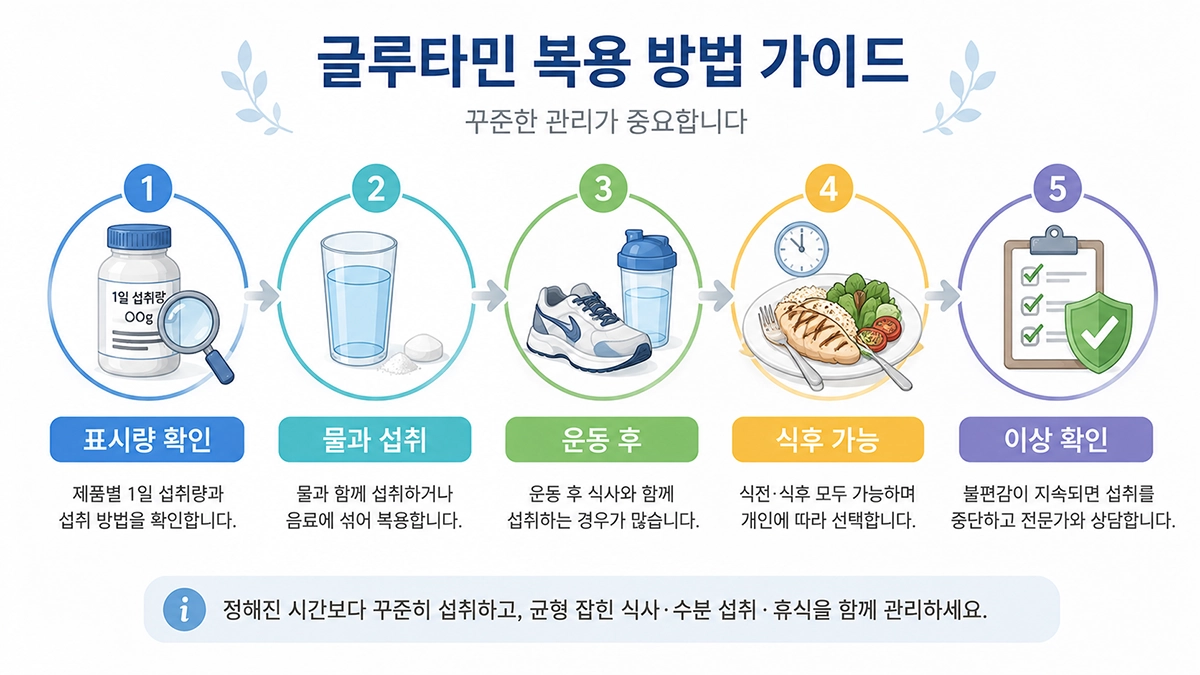 글루타민 복용 시간과 운동 후 섭취 기준을 단계별로 정리한 인포그래픽