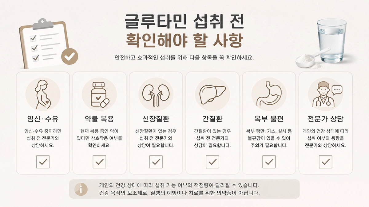 글루타민 섭취 전 임신 수유, 약물 복용, 신장질환, 간질환 주의사항을 정리한 체크리스트