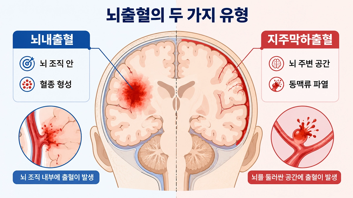 뇌출혈 초기 증상과 관련된 뇌내출혈과 지주막하출혈의 발생 위치 비교