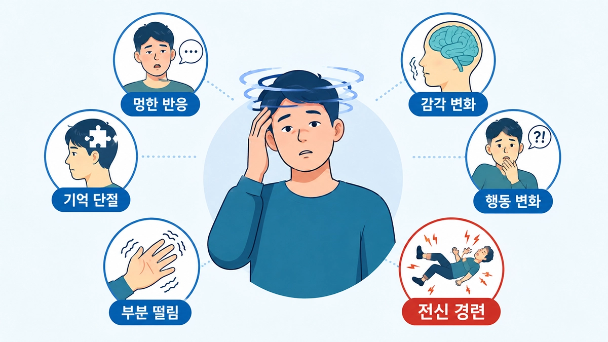 멍한 반응과 기억 단절, 부분 떨림 등 다양한 뇌전증 증상을 설명한 인포그래픽