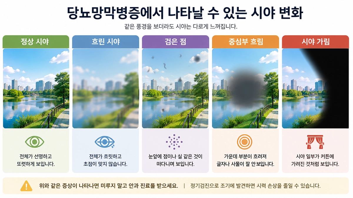 당뇨망막병증에서 나타날 수 있는 흐린 시야와 비문증, 시야 가림 비교