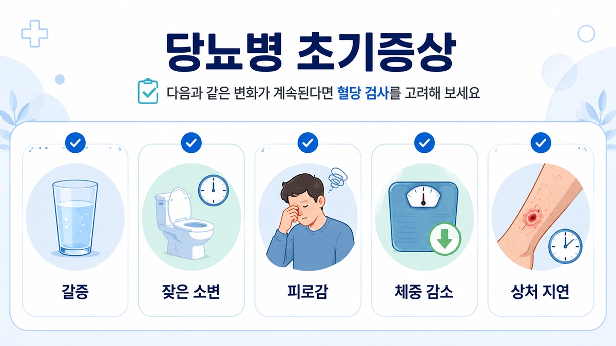 당뇨병 초기증상으로 나타날 수 있는 갈증, 잦은 소변, 피로감, 체중 감소를 정리한 인포그래픽
