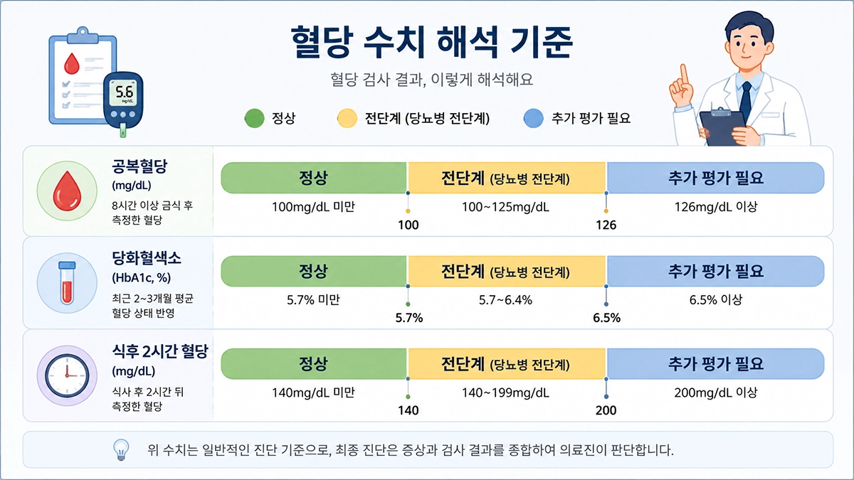 당뇨병 초기증상 의심 시 확인하는 공복혈당, 당화혈색소, 식후혈당 검사 기준 인포그래픽