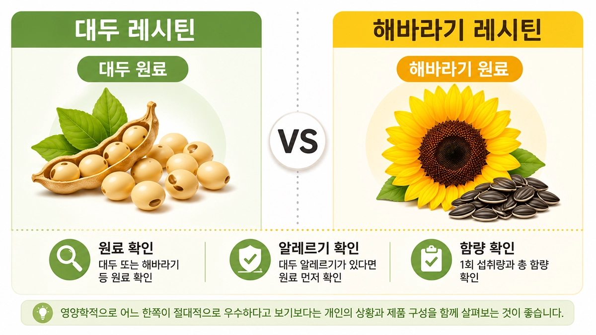 레시틴 효능과 제품 선택 전 대두 레시틴 해바라기 레시틴 차이를 보여주는 이미지