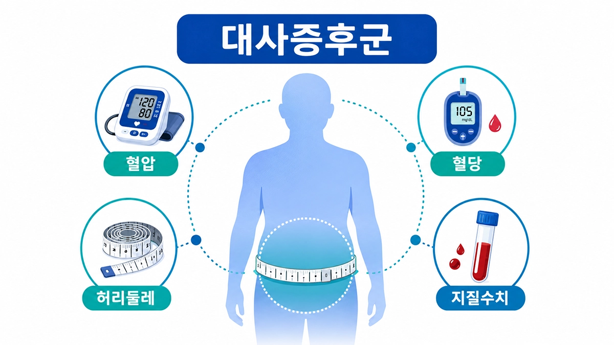 대사증후군 기준과 관련된 혈압 혈당 허리둘레 지질수치를 보여주는 인포그래픽
