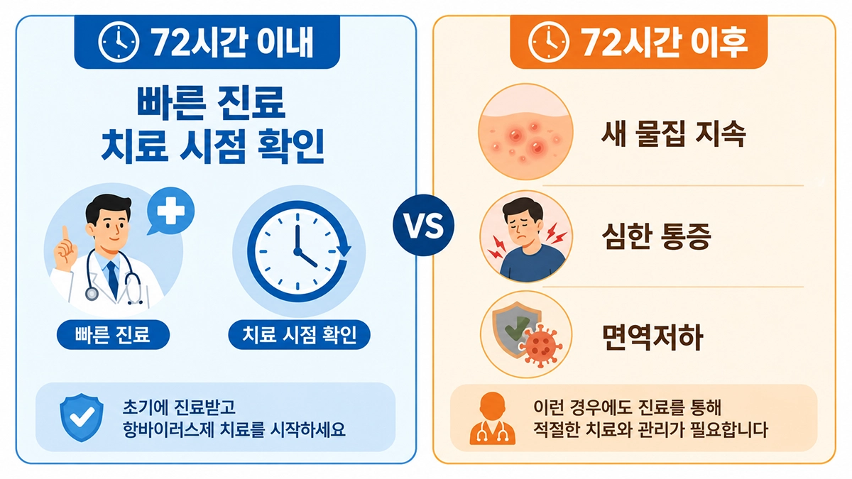 대상포진 초기증상 발생 후 72시간 이내 치료와 시간이 지난 뒤 진료가 필요한 경우 비교
