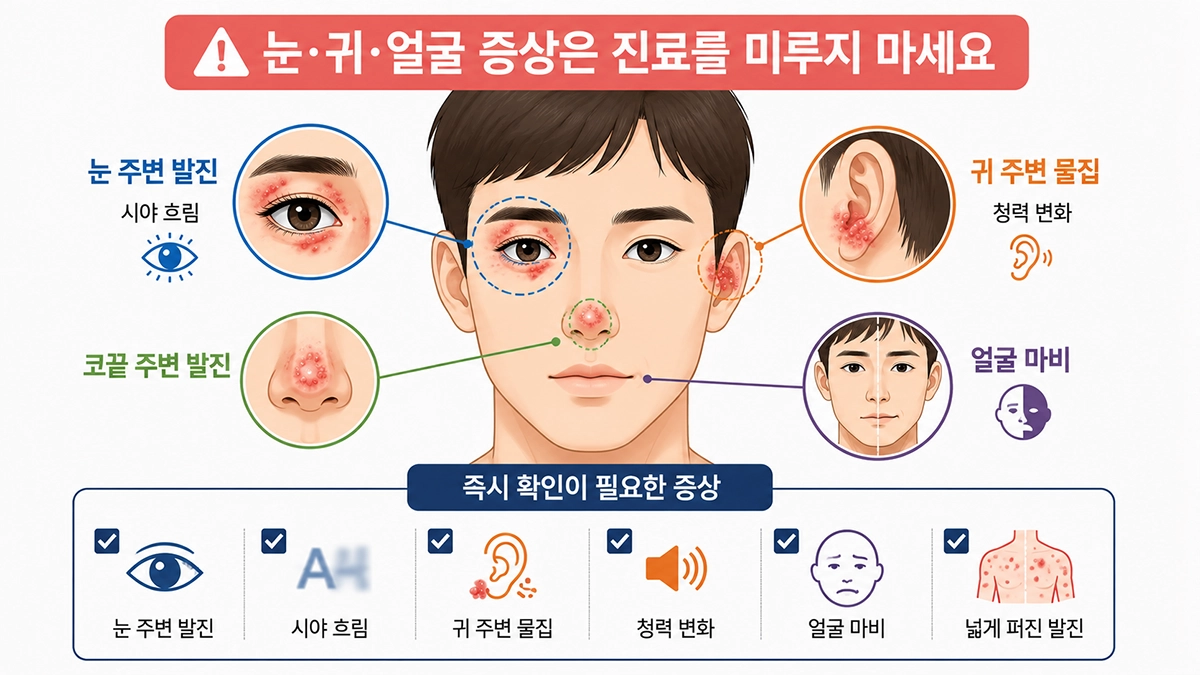 대상포진 초기증상 중 눈과 귀 주변 발진, 시야 변화, 청력 저하와 안면마비 진료 신호