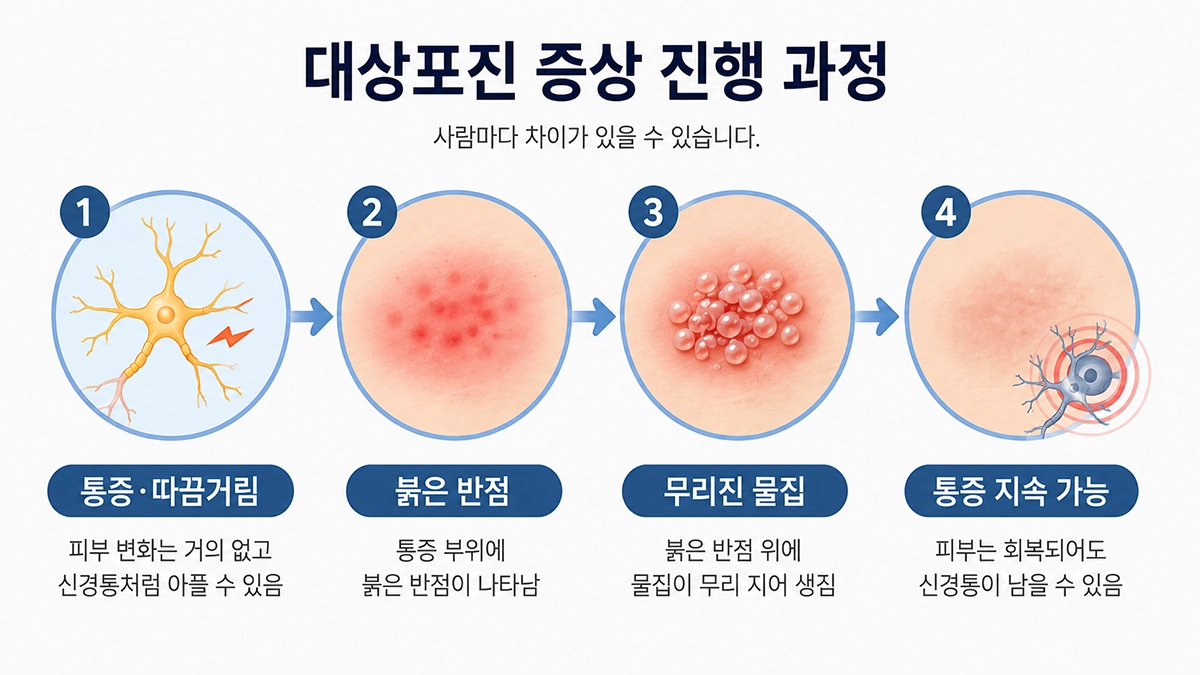 대상포진 초기증상인 통증과 따끔거림 뒤 붉은 반점과 물집이 나타나는 순서