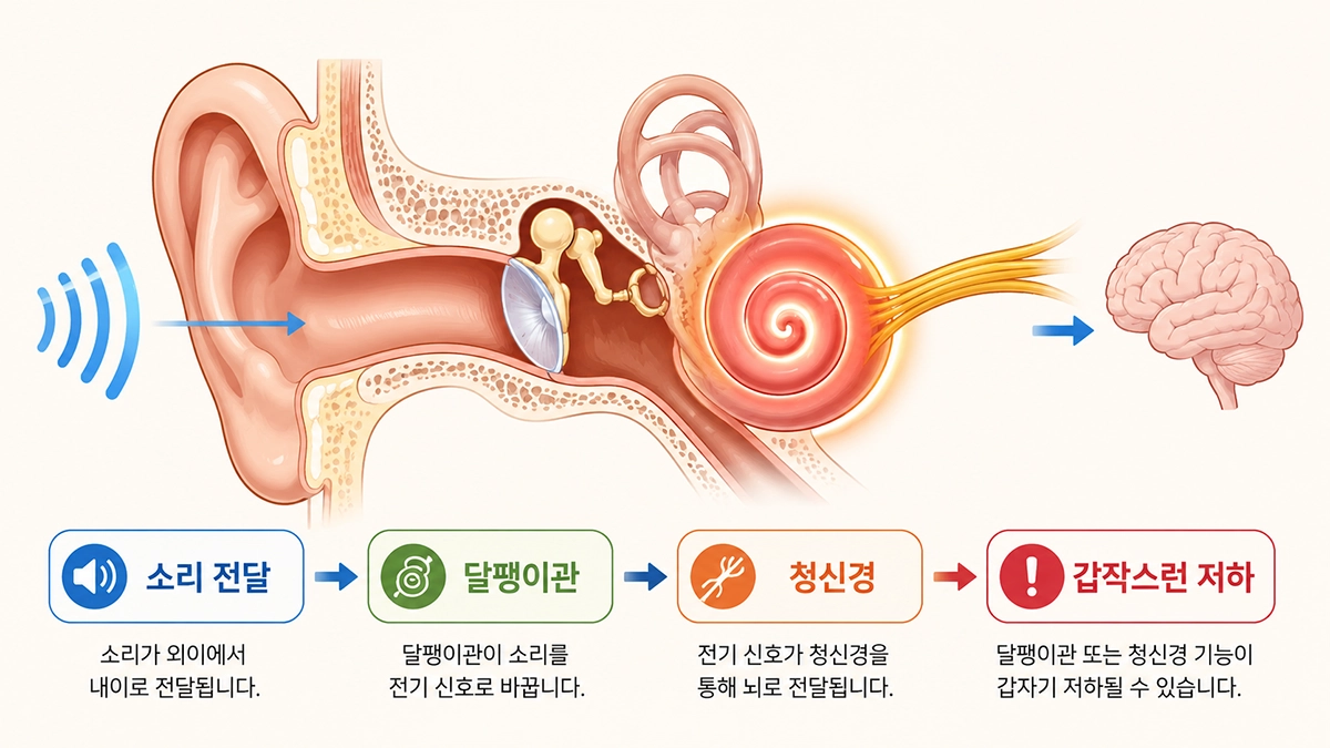 돌발성 난청이 발생할 수 있는 달팽이관과 청신경 구조를 설명한 귀 인포그래픽