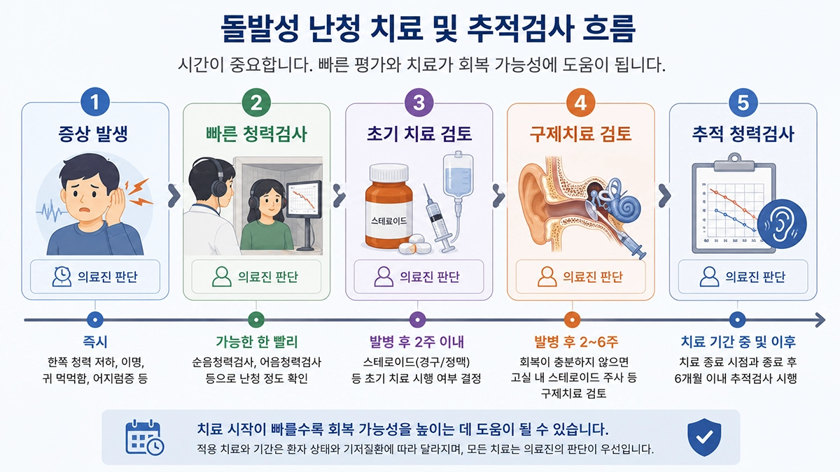 돌발성 난청 발생 후 청력검사와 스테로이드 치료, 구제치료 및 추적검사 흐름을 보여주는 인포그래픽