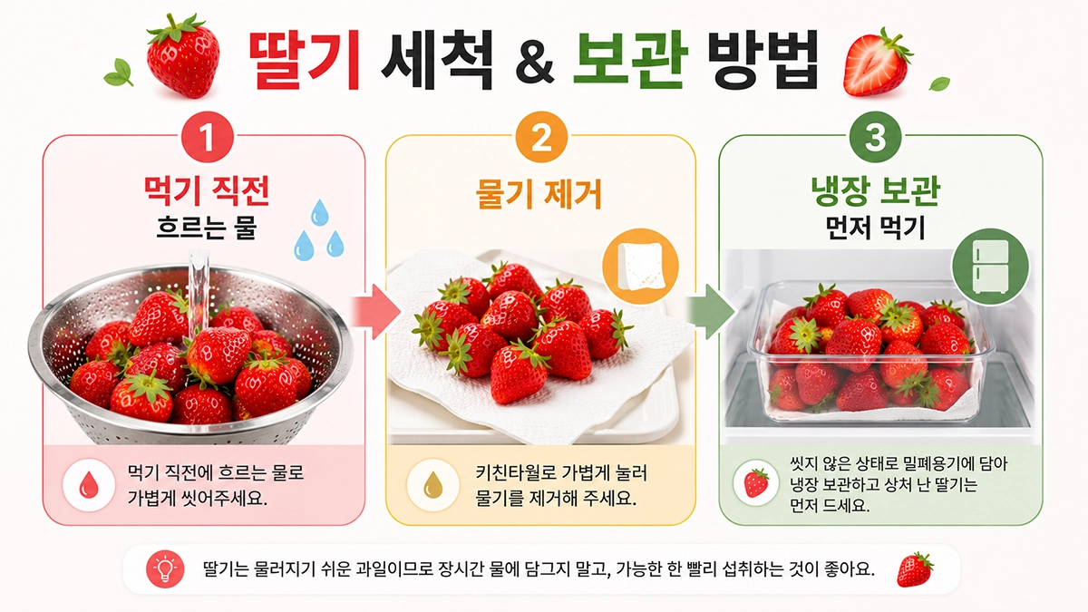 딸기 칼로리 글에서 설명하는 딸기 세척과 보관 방법 인포그래픽