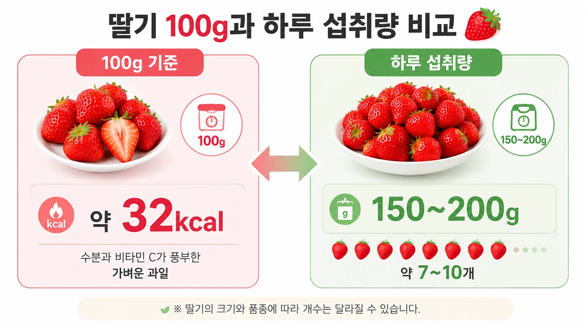 딸기 칼로리 기준으로 100g과 하루 섭취량을 비교한 이미지