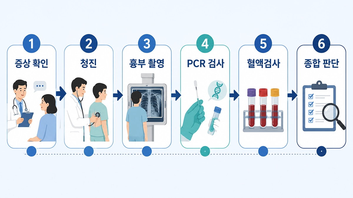 마이코플라스마 폐렴 진단을 위한 문진과 흉부 X선 및 PCR 검사 과정