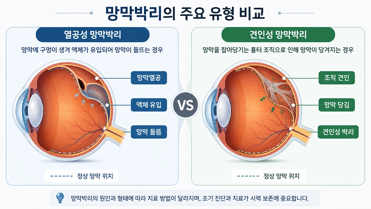 망막박리 발생 원인인 열공성 망막박리와 견인성 망막박리를 비교한 그림